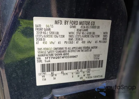 2015 Ford F-250 Lariat from USA, damaged, VIN 1FT7W2BT4FED35967